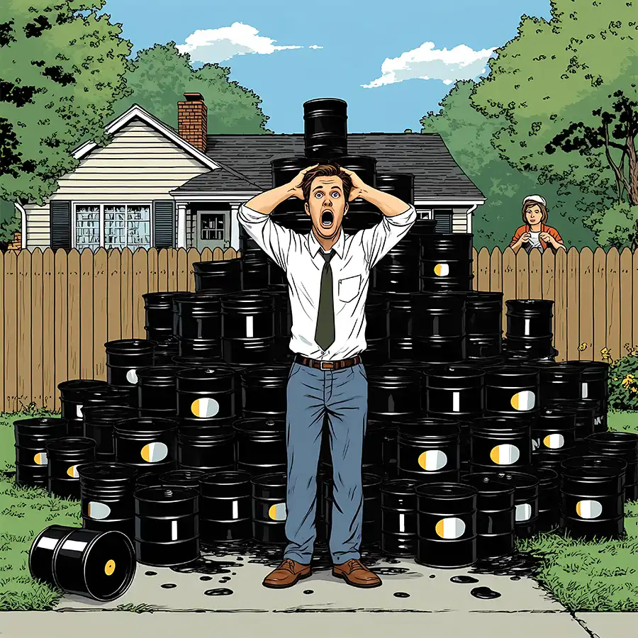 A distressed man stands on his driveway, hands on his head, overwhelmed by a towering pile of black oil barrels behind him.