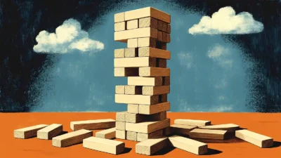 Jenga tower teetering, symbolizing market volatility