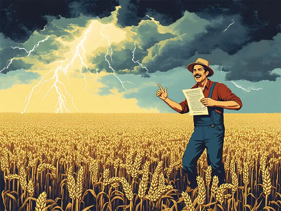 A smiling farmer in overalls and a straw hat stands in a golden wheat field, holding a futures contract while pointing forward