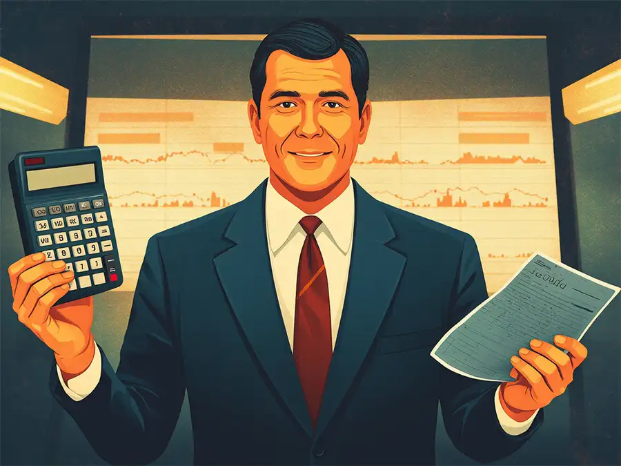 A confident trader in a suit smiles while holding a calculator in one hand and a financial document in the other, with stock market charts displayed in the background.