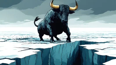 a stopped just before a gab in the ice sheet