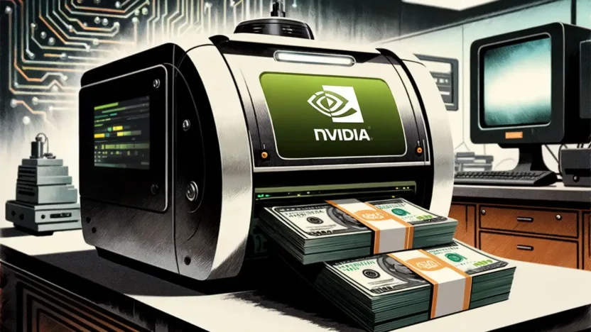 "A futuristic illustration of a high-tech money-printing machine with the Nvidia logo displayed on the front.