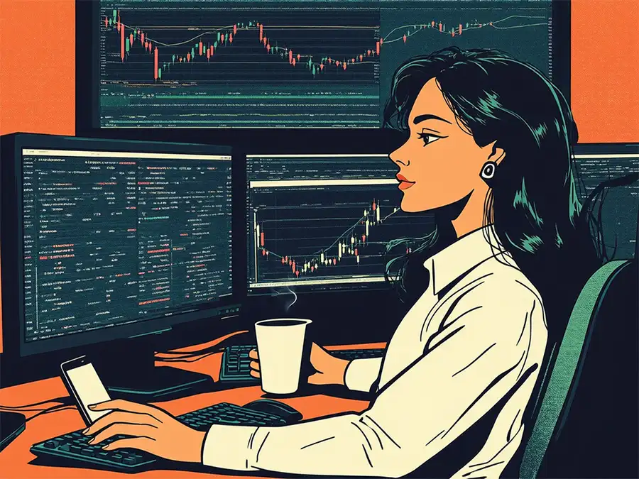 A focused day trader at her desk, monitoring multiple screens displaying financial charts and market data, with a coffee cup in hand.