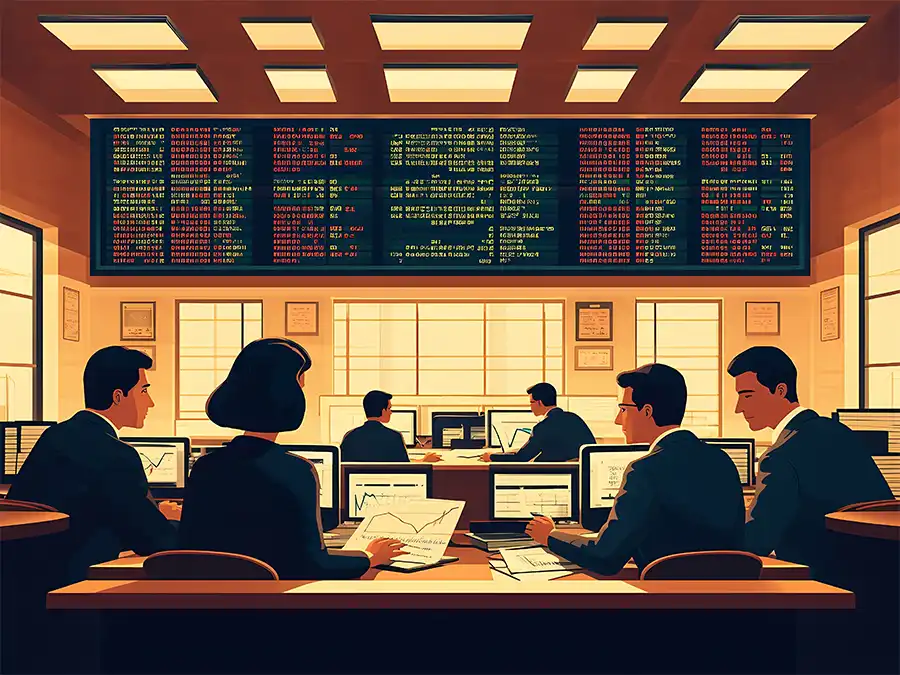 A group of traders in a financial office analyze market data on multiple computer screens, with a large digital board displaying stock prices and financial information in the background