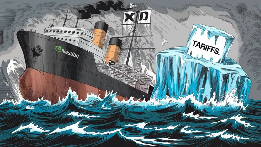 Illustration of a large ship labeled 'NASDAQ' with the NVIDIA logo, resembling the Titanic, sailing toward an iceberg labeled 'TARIFFS.'
