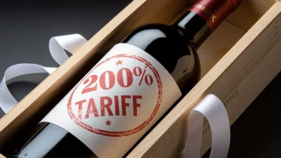 "A bottle of European wine in a wooden gift box, prominently labeled with a red '200% Tariff' stamp. The label emphasizes the impact of U.S. tariffs on imported wine, symbolizing the escalating trade war.