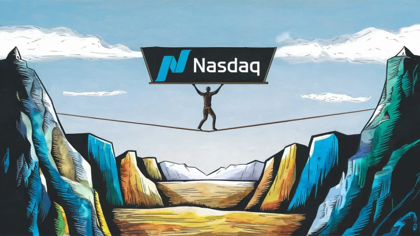 A tightrope walker balancing the Nasdaq logo high above a canyon, symbolising market fragility and uncertainty