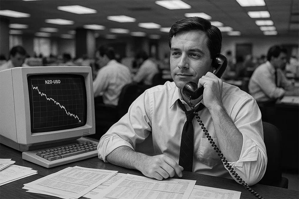 A confident young trader sits at a 1980s trading desk, calmly speaking on a landline phone. A CRT monitor beside him shows a steep drop in NZD/USD, referencing Andy Krieger’s 1987 short on the New Zealand dollar.