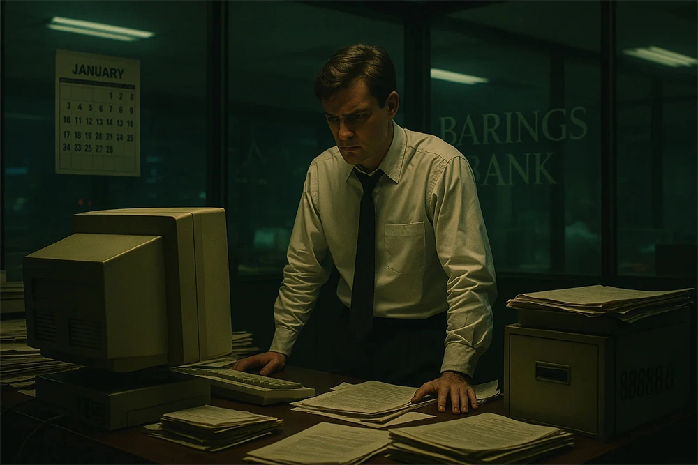 A stressed trader in a white shirt stands over a cluttered 1990s trading desk at Barings Bank. Papers are stacked around an old CRT monitor, with a file marked “88888” visible