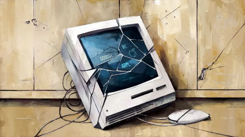 Illustration of a cracked vintage computer screen displaying GOOGL, META, and AAPL logos, symbolising the Q1 2025 Nasdaq tech sell-off.