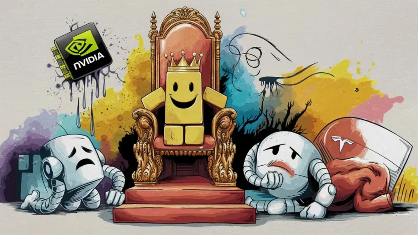 Illustrated throne room scene showing a smiling gold bar wearing a crown seated on a throne, while sad cartoon robots representing Nvidia, Tesla, and AI tech kneel beside it.