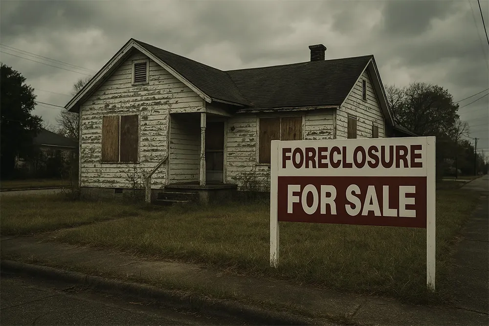 A dilapidated suburban home with boarded-up windows and peeling paint sits under a grey, overcast sky. A large red-and-white "Foreclosure For Sale" sign is staked into the grass in the front yard. The scene evokes the aftermath of the 2008 subprime mortgage crisis.