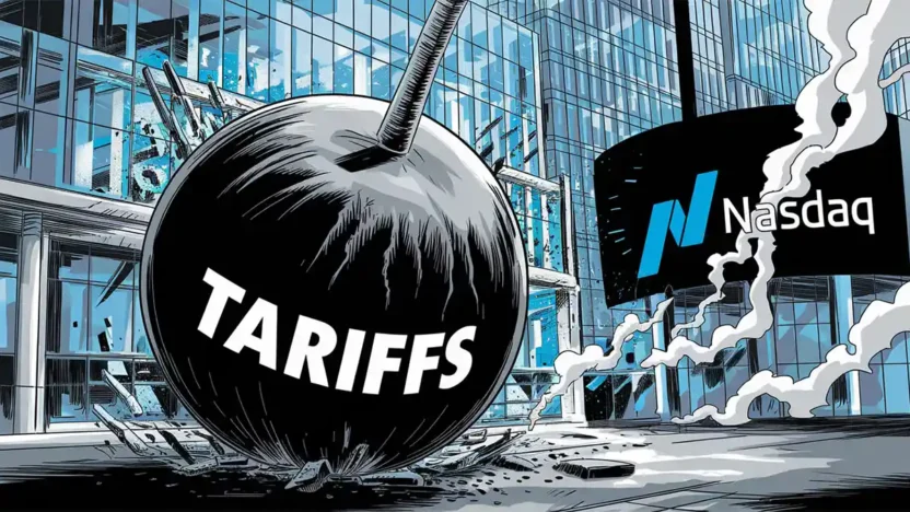a giant wrecking ball labeled "TARIFFS" crashing into a glass building, symbolizing the stock market.