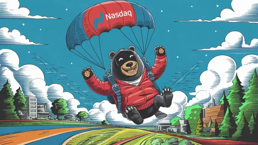 An illustrated bear wearing a red jacket parachuting down with a canopy labeled 'NASDAQ'.