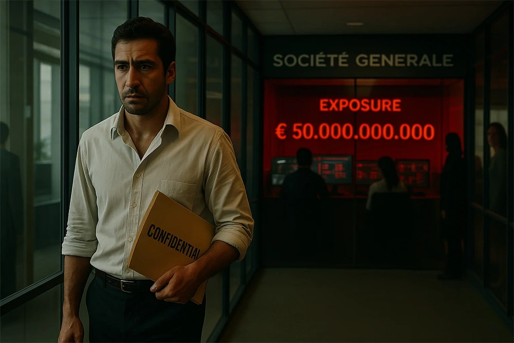 A man walks down a corporate hallway holding a confidential file, with a glowing red screen behind him showing "EXPOSURE €50,000,000,000" inside Société Générale’s risk control room.