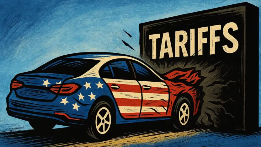 A stylised American car with a U.S. flag design crashes into a large black wall labelled "TARIFFS", symbolising the economic impact of auto trade policy