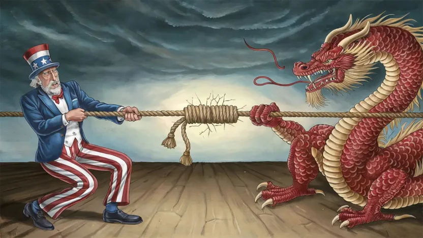 "A satirical digital illustration of a tug-of-war between Uncle Sam and a Chinese dragon.