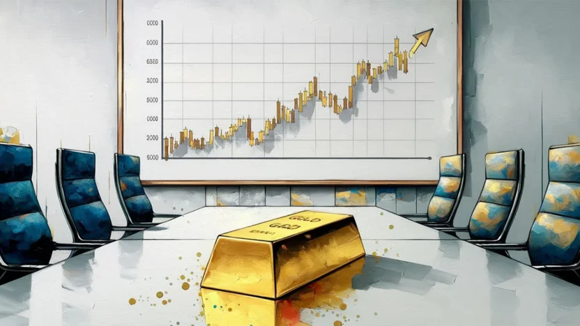 A gold bar sits at the head of a boardroom table in front of a rising chart, symbolising institutional strategy and gold’s growing role in financial markets.