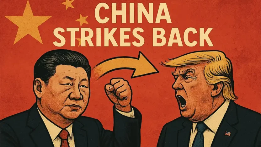 Illustration of Xi Jinping and Donald Trump facing off with the text "China Strikes Back" symbolising the escalating 2025 trade war and retaliatory tariffs.