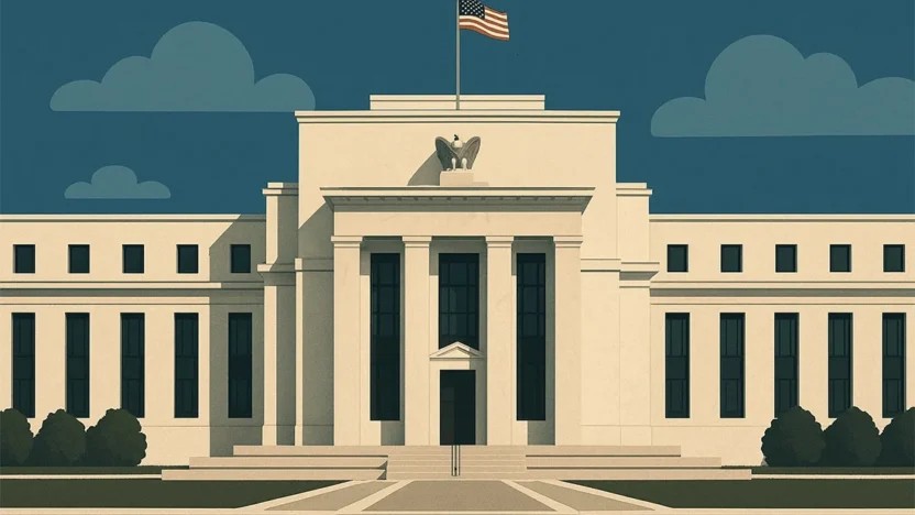 tylised editorial illustration of the Federal Reserve building in Washington, D.C., with clear skies and an American flag flying above.