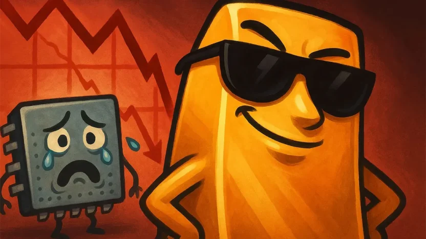 Cartoon gold bar wearing sunglasses smirking beside a crying computer chip, with a stock market crash chart in the background.