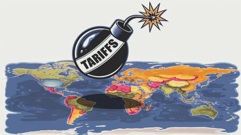 Stylised illustration of a cartoon-style bomb labelled “TARIFFS” falling onto a world map, symbolising global trade disruption and economic impact.