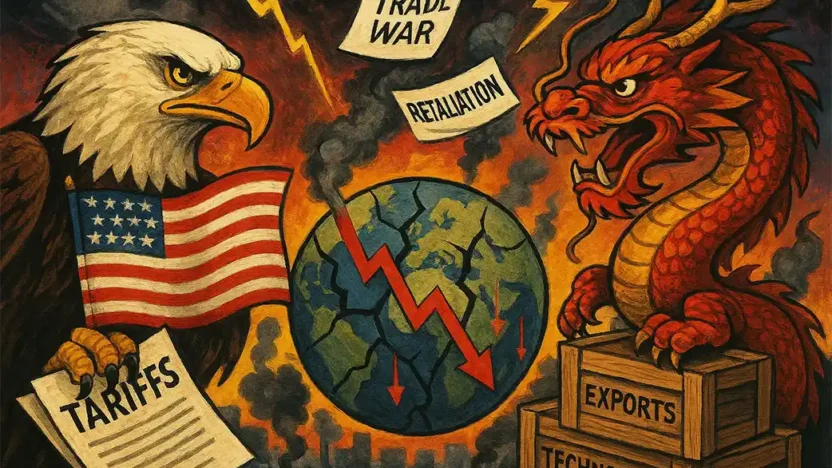 Illustrated depiction of the US-China trade war, featuring a fierce American eagle holding a tariff document and flag, facing off against an aggressive Chinese dragon atop crates labeled "Exports" and "Technology", with a cracked Earth and falling red arrows symbolising global economic turmoil, amid flames, smoke, and lightning bolts